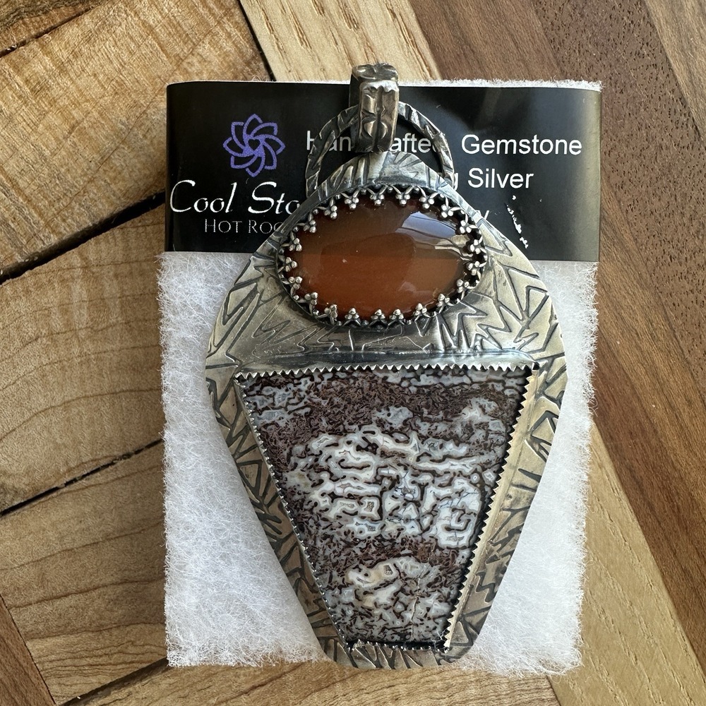 Paul Rossman Pendant 3 Inch Fire Opal Dinosaur Gembone‎ 925 Sterling 23.8g USA